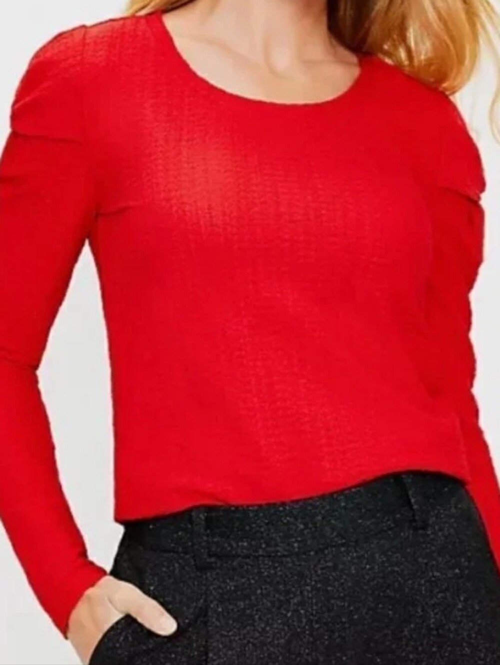 LOFT size Large Long Sleeve Top Textured Pleated Puff Shoulder Red Classic